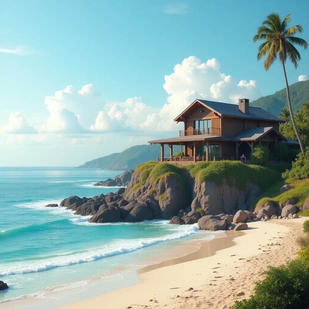 House situated on a beach adjacent to the ocean. Coastal view with palm trees and rocky shoreline visible. Bright sky with a few clouds.