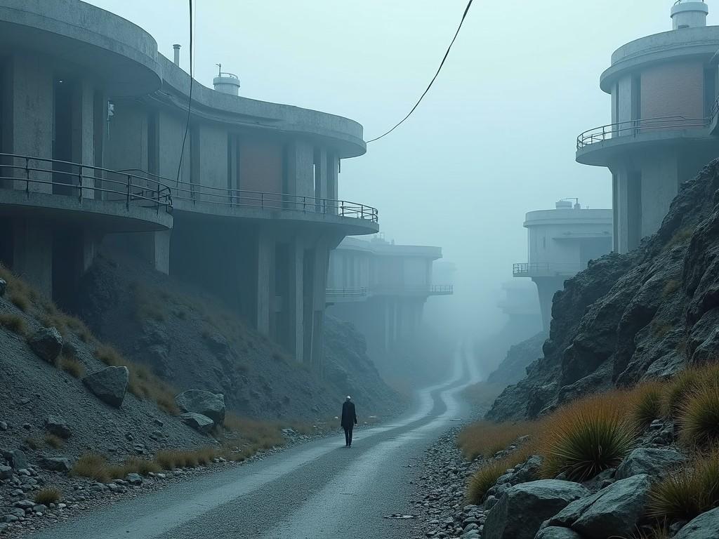 A lone figure walks down a deserted road flanked by futuristic, circular concrete structures. The atmosphere is thick with fog, creating a mysterious and otherworldly vibe. The muted colors and desolate setting evoke a sense of solitude and wonder.