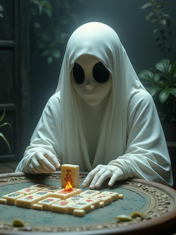 A ghost entity in a modern abstract style plays Mahjong. The ghost wears a hood and has large black eyes. Mahjong tiles are being played on a table.