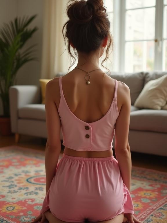 Woman kneels on a colorful rug in a soft-lit living room. She wears a button tank top and a pink mini-skirt. Brown hair is styled in an updo. Room includes a couch and plants.