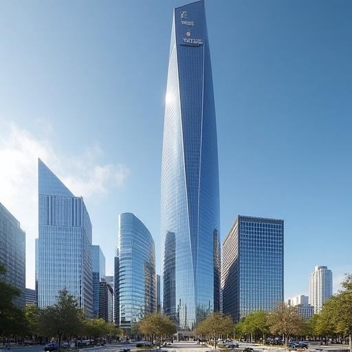 Spire of Unity a 102 story financial building in an urban landscape. Tall glass structure with a sharp spire reaches the sky. Nearby are modern office buildings and trees lining the boulevard.