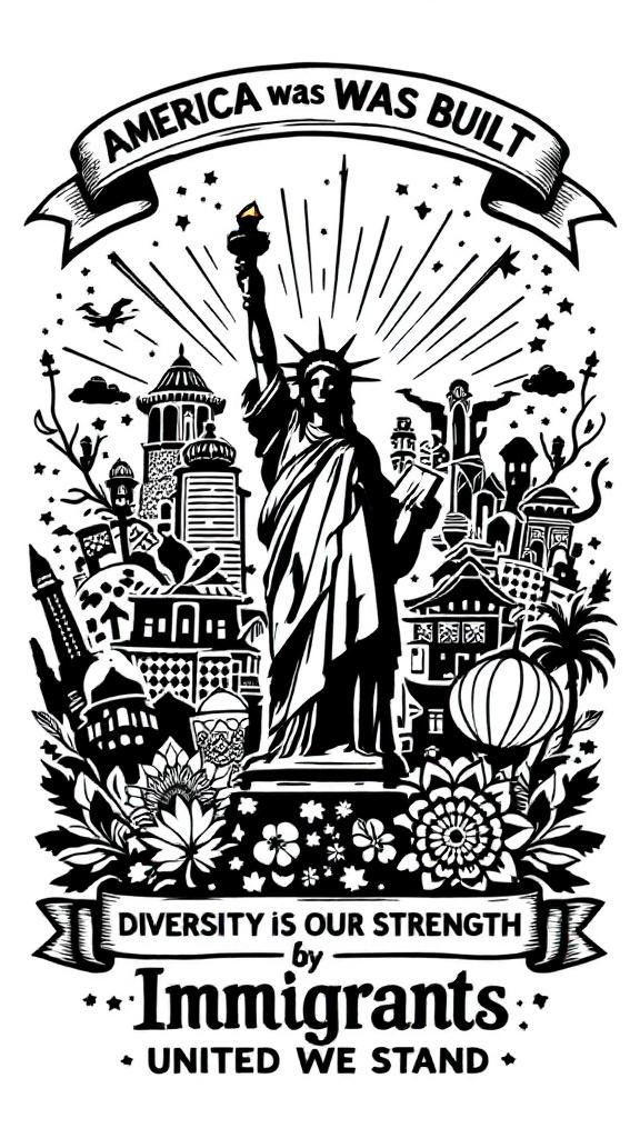 Visual illustration represents concept of America built by immigrants. Captures essence of diversity collaboration contributions of immigrants to USA. Includes symbols of American heritage alongside elements reflecting various cultures. T-shirt design graphic vector contour white background.