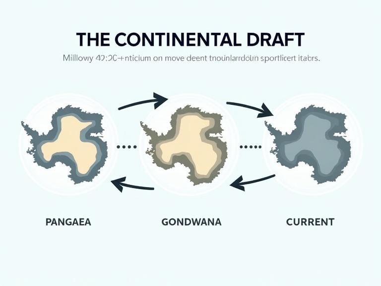 Scientific diagram illustrates the continental drift. Focus on Antarctica moving south to current polar position. Maps show Pangaea, Gondwana, and current layout. Arrows indicate direction. Tectonic plate outlines included. Timeline annotations present. Educational infographic style with clean vector graphics. Aspect ratio 16:9.