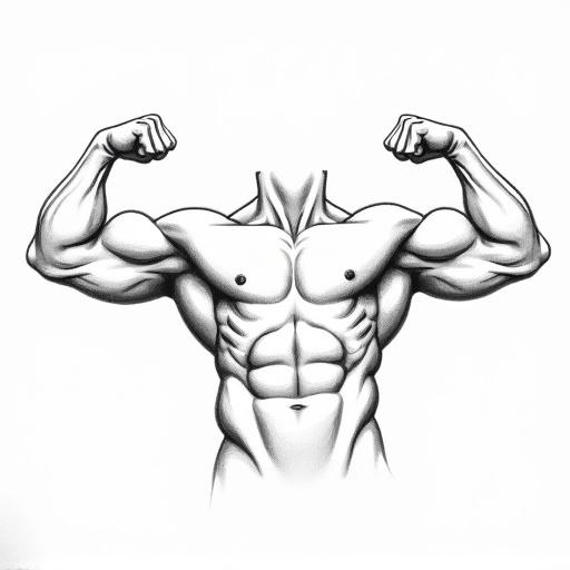 Black and white line art drawing of muscled male torso with flexed arms. Bulging biceps visible. No head included in the illustration.