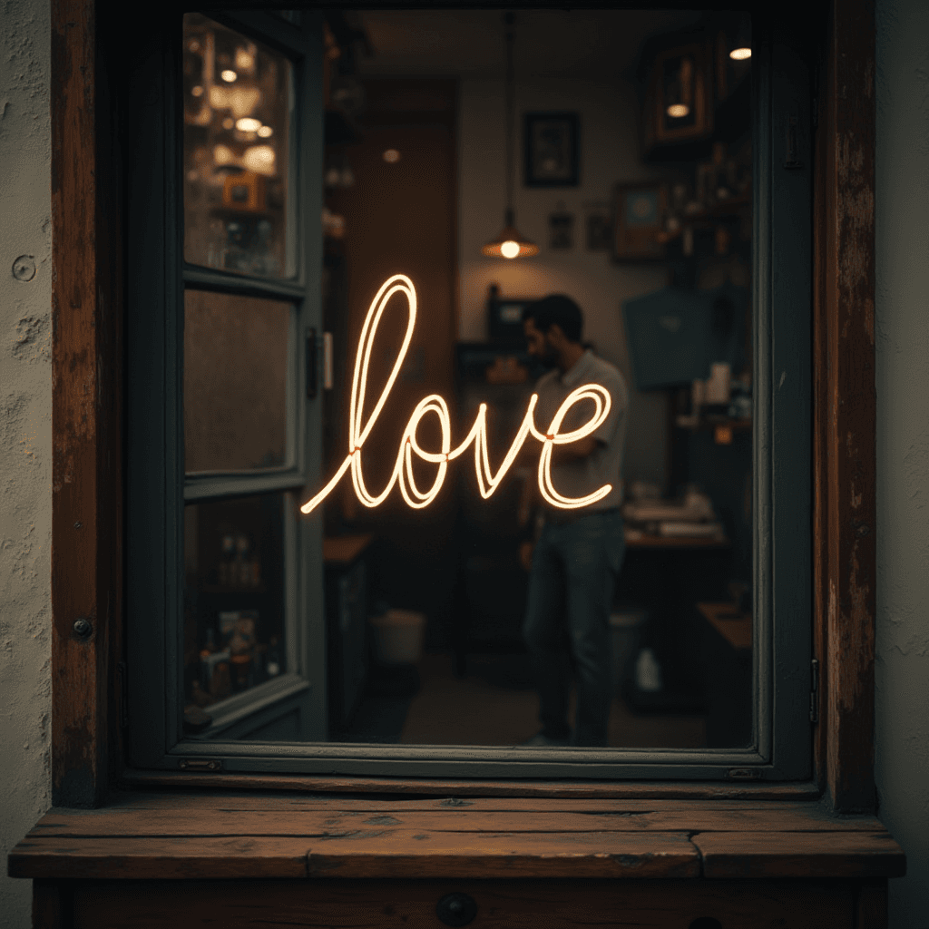 A glowing neon 'love' sign is displayed in a window, with a blurred figure inside the dimly lit room.