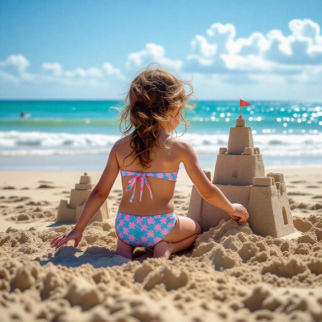 Young girl building sandcastle. View from behind. Bright beach scene with blue ocean and clouds. Girl in pink bikini. Sandy beach.