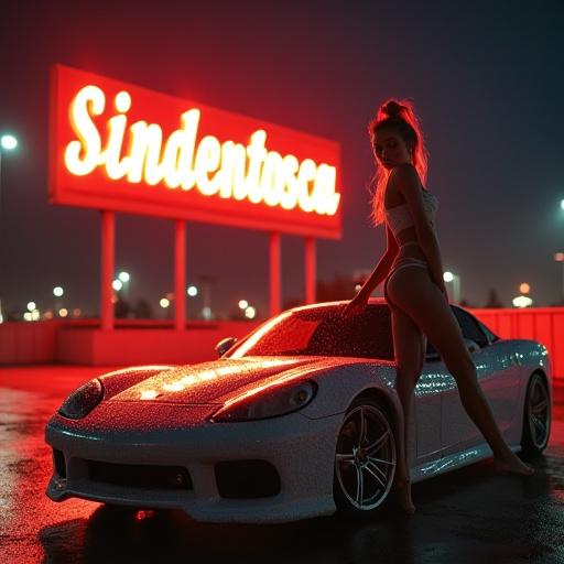 A blonde model in beach attire playfully sitting on a sports car covered with bubbles. The car is in an empty parking lot at night. A large vintage neon billboard with the word 'sind3ntosca' glows in the background. The scene features dramatic lighting and a shallow depth of field.