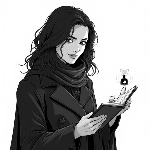 Minimalist drawing of a female character. Dark coat and scarf. Holding a notebook. White eyes when using power. Symbol of broken hourglass on her palm. Calm and thoughtful demeanor. Sketch-like quality.