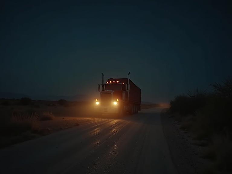 Image shows a truck on an old Mexican road at night. The scene is dark with a horror ambiance. Truck has headlights on illuminating the dusty road in a desert. An 80s style is prominent in the composition.