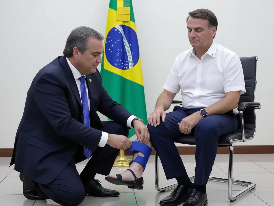 Ultra-realistic close-up photo in 4K of a scene with a minister kneeling to put an electronic ankle bracelet on a sitting politician in a formal environment. Serious expressions and dramatic lighting with a Brazilian flag in the background.