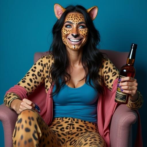 Woman in cheetah costume and mask smiling excitedly. Holding a bottle of whiskey. Sitting in a chair with a blue background. Second woman in defeat with a blue shirt and pink cape. All women are looking at the viewer.