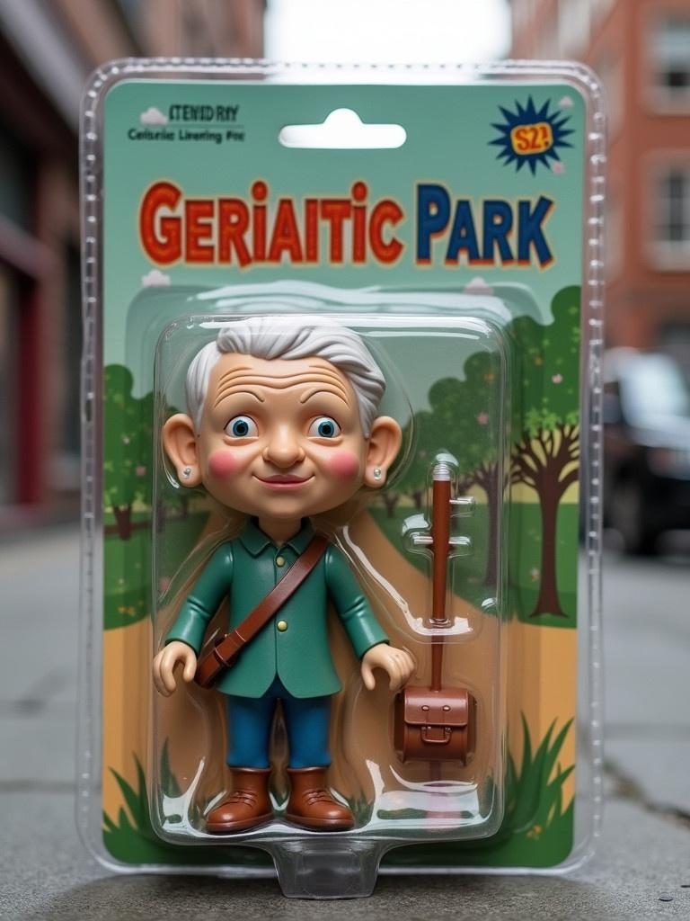 A parody action figure titled 'Geriatric Park' depicting an elderly character in a park-themed package. The figure features exaggerated facial features and is displayed in an urban setting with city buildings in the background.