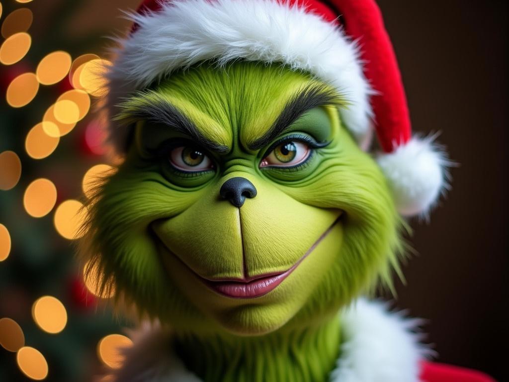 Create a portrait of a person transformed into the Grinch while keeping their recognizable facial features. The skin should be a vibrant green with a smooth and slightly furry texture. The nose should be slightly upturned and pointed, resembling the Grinch's iconic look. The eyes must be expressive with a gleeful, mischievous glint, capturing the Grinch's playful spirit. Retain the person's hairstyle and overall face structure for easy identification. Add festive elements like a Santa hat or twinkling lights in the background to enhance the Christmas theme, ensuring that the Grinch transformation remains the main focus.