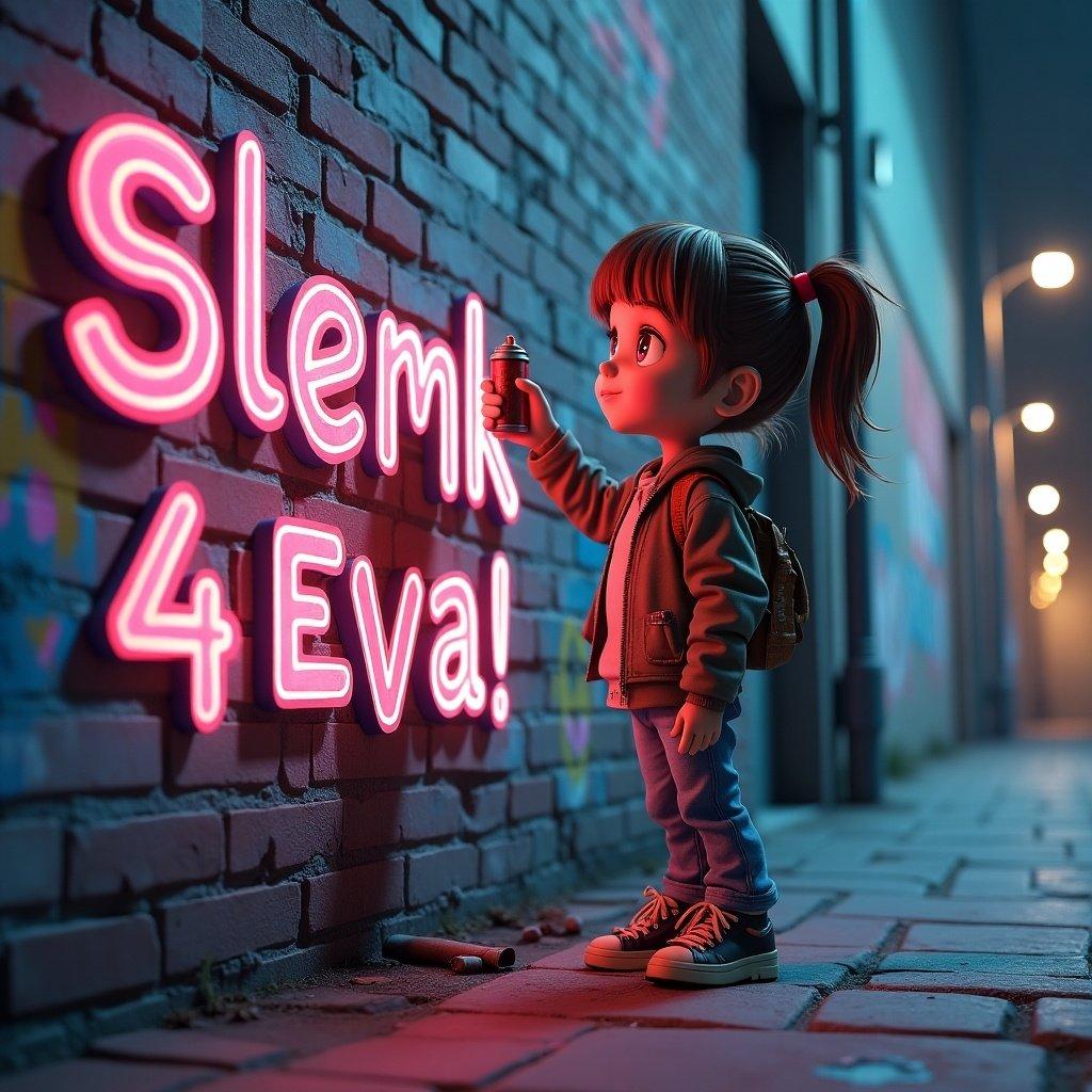 3D render illustration of a young girl graffitiing a textured brick wall. She holds a spray can, spraying vibrant words 'Slemk 4 Eva!'. The backdrop is a desolate street with graffiti and dim streetlights. The colors are vibrant and bring energy to the scene.