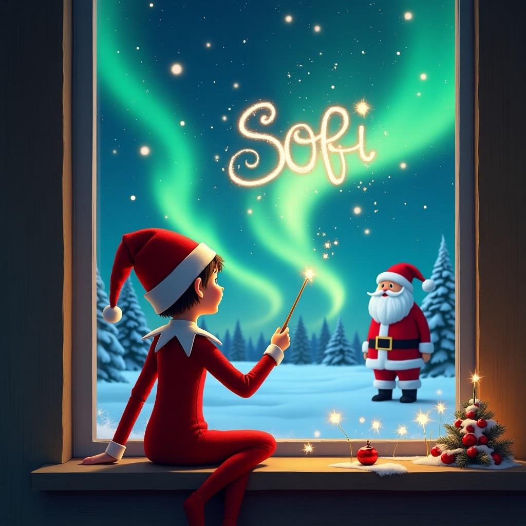 Whimsical depiction of an elf on the shelf at a window. Elf dressed in bright red facing away. Elf uses a wand to write name 'Sofi' in the sky. Beautiful northern lights outside. Santa Claus visible in the distance.