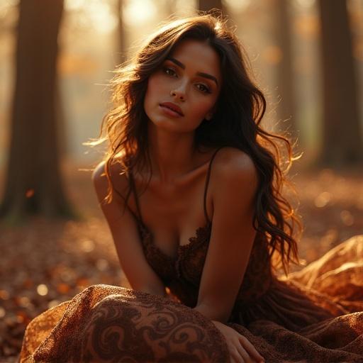 A hyper-realistic fantasy portrait of a stunningly beautiful woman embodying chocolate and sweetness. Skin glows with cocoa-toned radiance. Hair flows like melted dark chocolate. Luxurious silky gown with chocolate and caramel patterns. Deep inviting eyes like molten truffles. Soft smile. Surrounded by magical cocoa beans and floating chocolate shavings. Sitting gracefully in a moonlit forest. Warm golden light and enchanting atmosphere. Rich decadent fantasy aesthetic with high detail and cinematic quality.