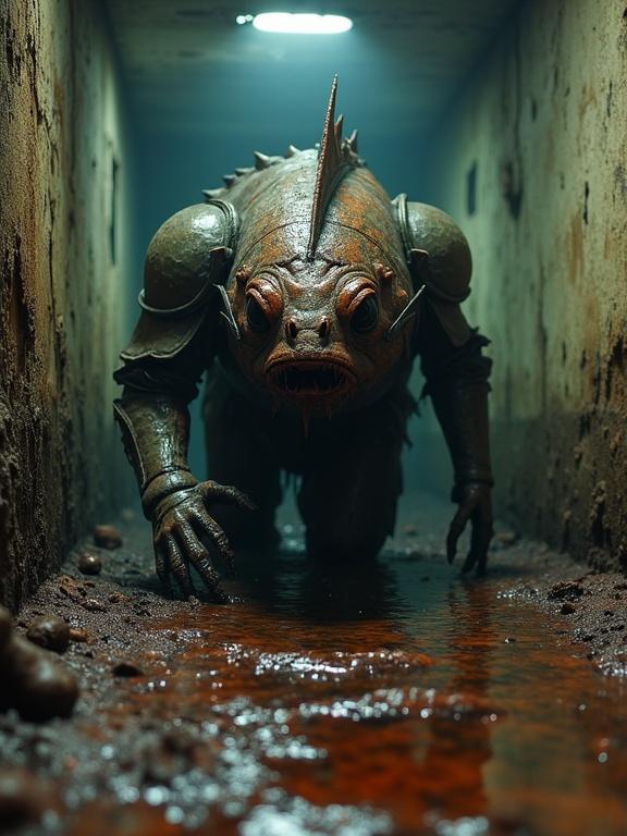 Encounter with a rotting fish-like monster in armor. The scene is in a dark basement. A reddish-black puddle is nearby. The monster appears menacing, crawls towards the viewer. The setting is abandoned and eerie.
