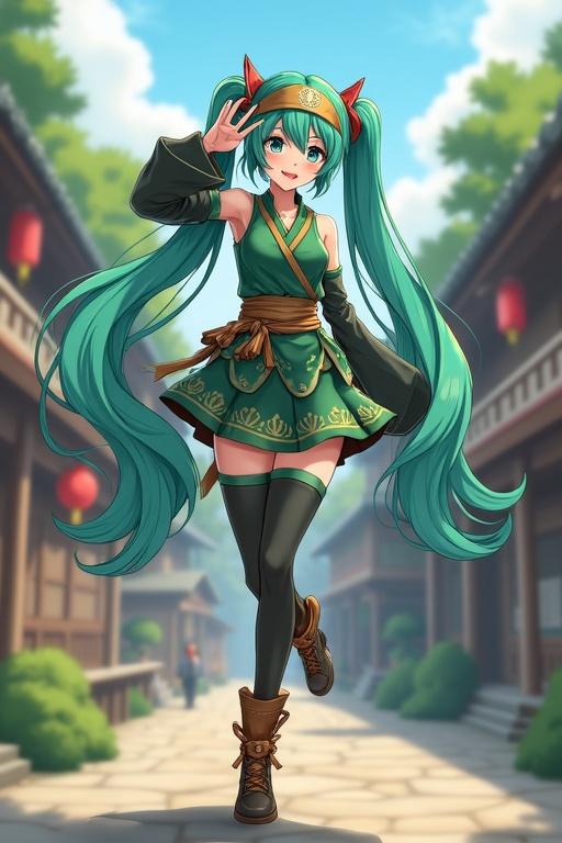 Hatsune Miku dressed in a ninja uniform from the Hidden Leaf Village. She is actively dancing and singing in the streets of the village. The scene depicts a vibrant cityscape with traditional buildings and greenery in the background.