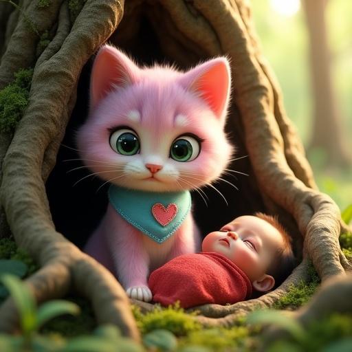 Fluffy anthropomorphic kitten with pastel pink, lavender fur. Creamy white belly and large green eyes. Oversized head and soft features. Kitten in light blue bandana with pink heart. Gently placing realistic wrapped baby in hollow ancient tree. Surrounded by moss. Sunlight filters through trees creating peaceful ambiance.