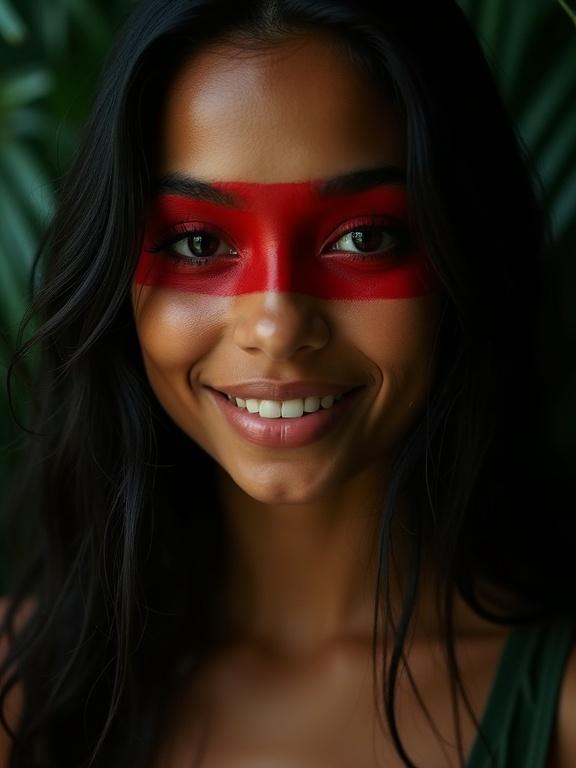 Photorealistic close-up portrait of beautiful young female with long black hair. She wears red face paint across her eyes. Side lighting enhances her features. She smiles with teeth. Dark jungle background with palm leaves. Intense atmosphere.