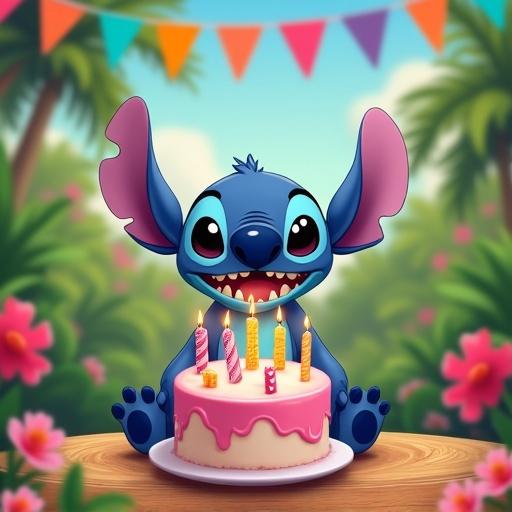 Stitch character with a birthday cake featuring five candles in a tropical park setting decorated with vibrant flowers and colorful flags