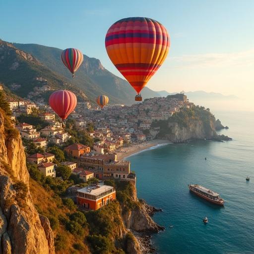 Photograph of a hot air balloon competition covering a sea cliff village. Balloons in whimsical animal shapes and steampunk designs with vibrant colors.