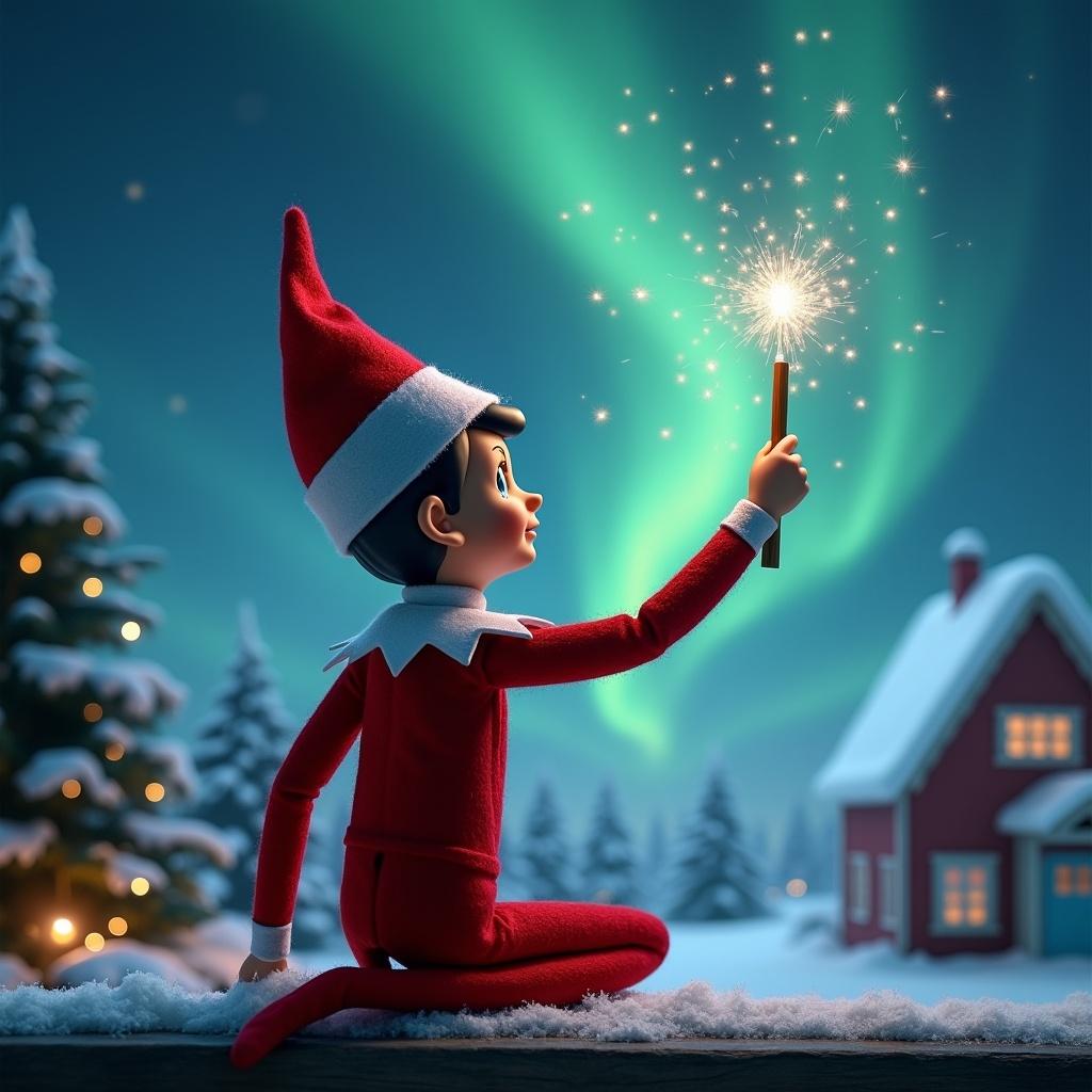 An elf on the shelf sits with its back to the viewer, gazing skyward. It holds a glowing wand that emits sparkling light. The background showcases a charming Christmas scene with colorful northern lights swirling above. In the distance, a cozy house can be seen, decorated for the holidays. Snow covers the ground, adding to the winter atmosphere. The elf is in a playful position, embodying the spirit of magic and wonder associated with Christmas.