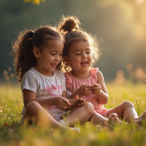 Two girls are sitting in the grass. They are playing together and laughing. The scene is filled with warm light. The background is blurred with trees. They wear light-colored summer clothing and have playful hairstyles. The atmosphere is joyful and carefree.