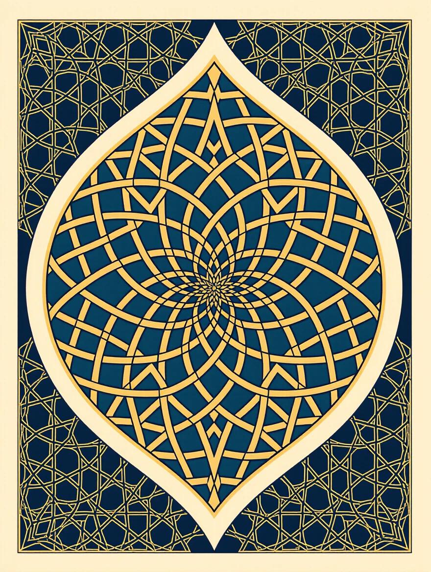 Poster design showcasing intricate geometric patterns inspired by Islamic art. The design incorporates the distinct shape of Palm Jumeirah. This creates an interlocking and repeating motif that reflects grandeur and precision. The style is classified as Geometric Islamic Art Infusion.