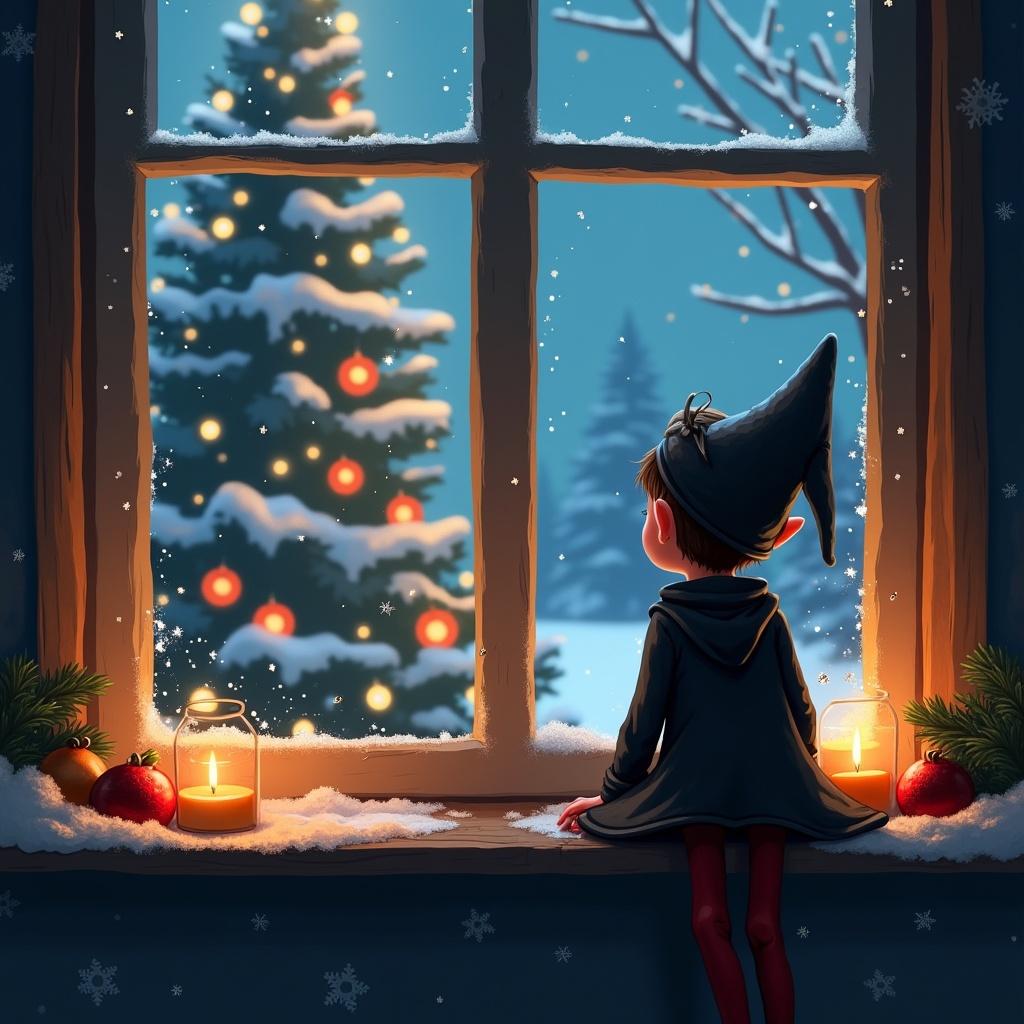 Illustration of an elf sitting by the window. The elf is turned away from the viewer. Festive background with a Christmas tree. Soft glowing lights illuminate the scene. Snowy landscape visible outside the window. The image captures holiday magic and childhood joy.