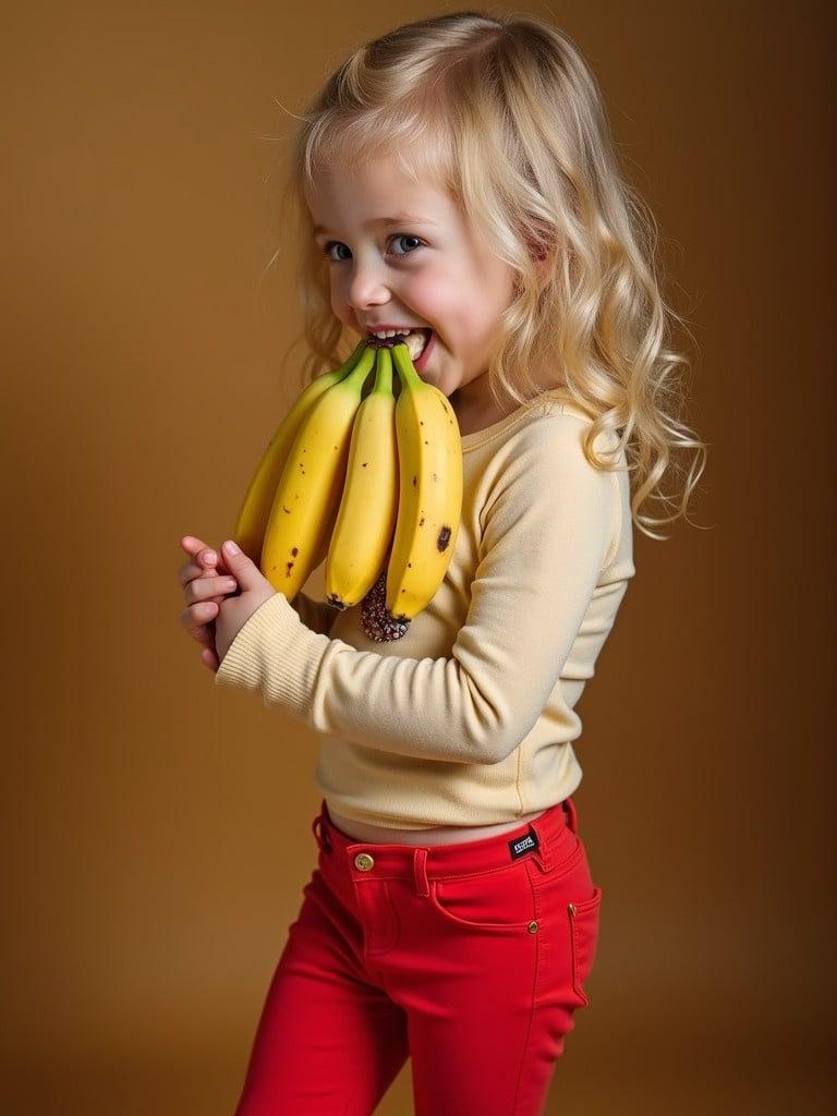 Young girl with long blonde hair holds bananas tightly. She wears bright red leggings and a beige top. The image captures her playful spirit and colorful outfit. The background is warm to create an inviting atmosphere.