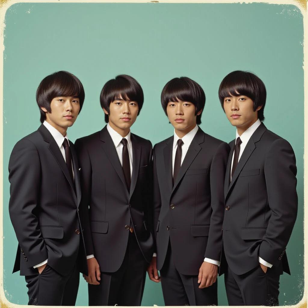 Fictional Japanese band from the late 1960s. Four young men with mushroom haircuts. Wearing slightly mismatched dark suits with skinny ties. Photographed in a low-budget studio. Faux London backdrop. Slightly awkward poses. Stiff expressions. Retro Japanese style. Faded colors. Vintage lighting. Album cover photo. 4:5 ratio.