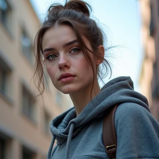 Low-angle portrait of a woman in her 20s with brunette hair in a messy bun. She has green eyes and pale skin. She wears a hoodie and blue-washed jeans in an urban area during the day.