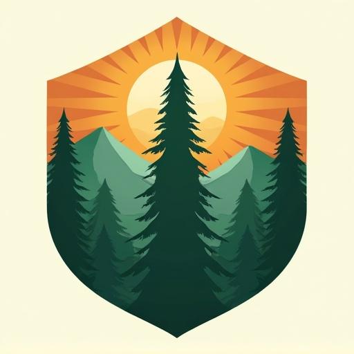 Illustration in modern design style shaped like a shield. Natural landscape theme with a tall pine tree at the center. Rolling mountains in the background with a radiating sun above. Surrounded by forests. Dominant color palette includes greens and oranges. Symmetrical and balanced layout to create harmony.