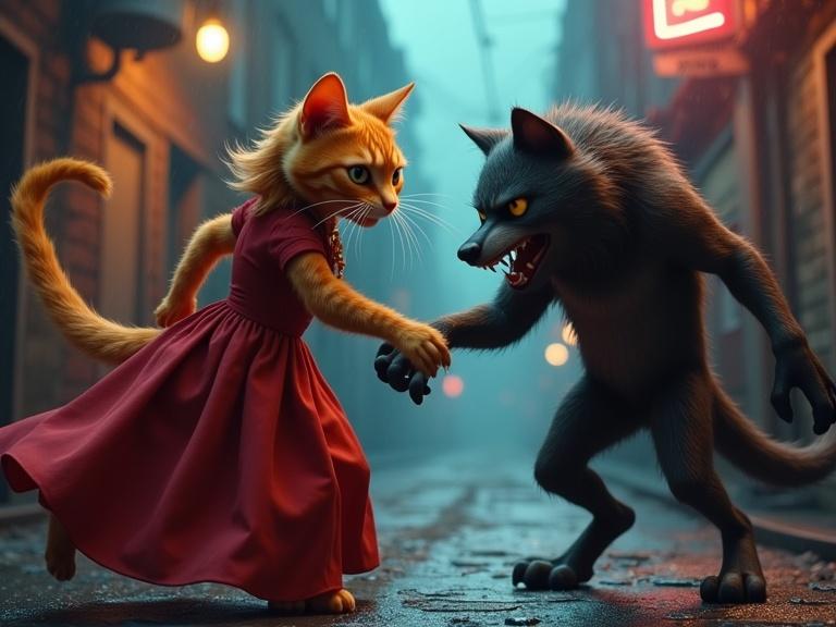 A mother tabby cat wears a flowing red dress. The cat battles a fierce werewolf-like cat. The setting is a dark rainy alley illuminated by neon lights. The style resembles 3D animation with a dramatic atmosphere.