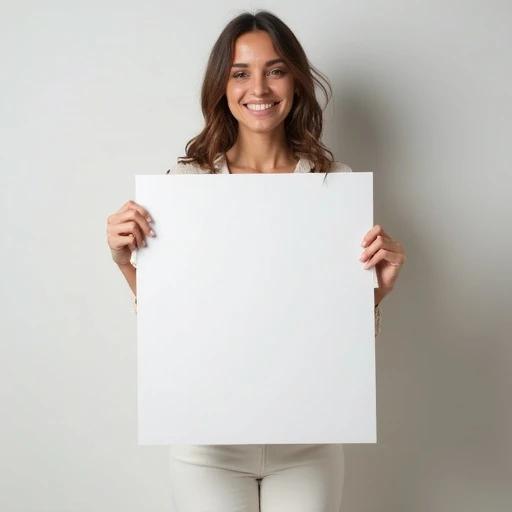 Attractive woman presents a blank white square for product display. The setting is minimal with soft natural lighting. Focus on the empty space for branding.