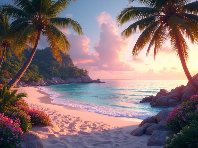A scenic tropical beach during golden hour with white sand and turquoise water. Palm trees gently sway in the breeze. The sky is filled with pink, orange, and purple hues. The area has colorful flowers and glowing plants. The lighting is cinematic and inviting.