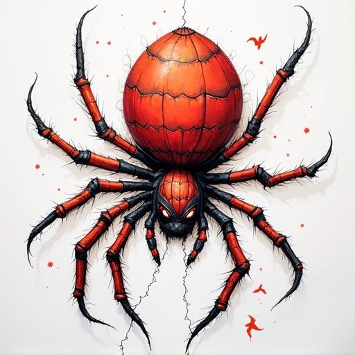 Illustration of a birthday spider with a large round body and long legs. Bright red color and exaggerated facial features. Cartoon style with playful details. Spider depicted on a light background with festive elements.