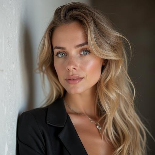 A close-up portrait of a woman with wavy blonde hair and soft makeup against a neutral background. The woman's expression is serene and confident. She wears a stylish black blazer and poses with a slight smile.