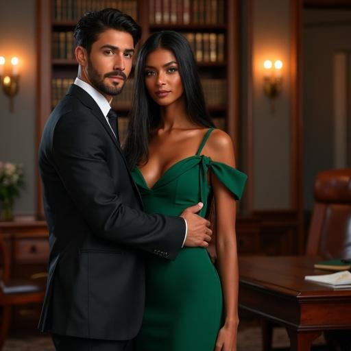 Photo book cover depicting a forbidden romance. A beautiful African American woman in a green dress stands intimately beside a striking Italian man in a suit. Background includes a law office with bookshelves and desks.