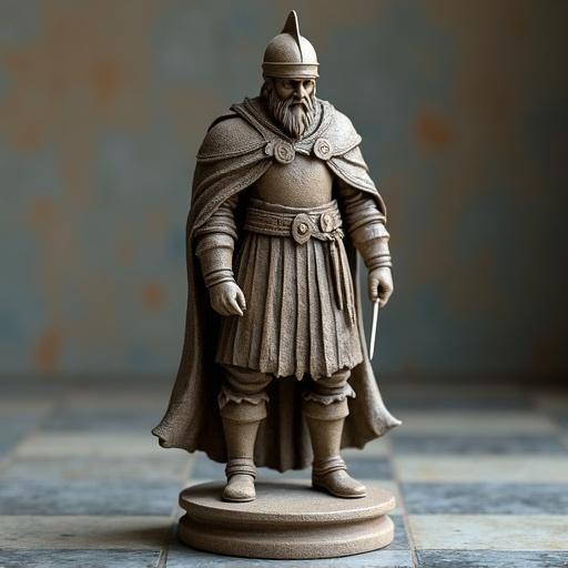 Sculpture of a Viking warrior chess piece 8 cm tall. The warrior wears a helmet and has a long beard. He holds a shield near his left side. A large axe rests against his chest. The figure is designed to be compact for casting and molding. The warrior has armored gloves and long hair. Emphasizes Viking details with no background, featuring a gray texture with shadows. Professionally modeled in 3D.