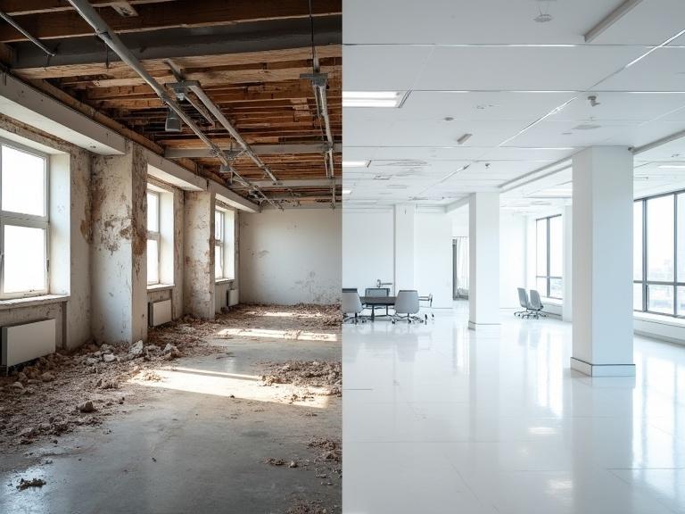 A split screen image showing a messy office space on the left and a pristine restored office on the right. The left side features debris and damaged walls while the right side showcases a clean, modern corporate interior with white walls and polished floors.