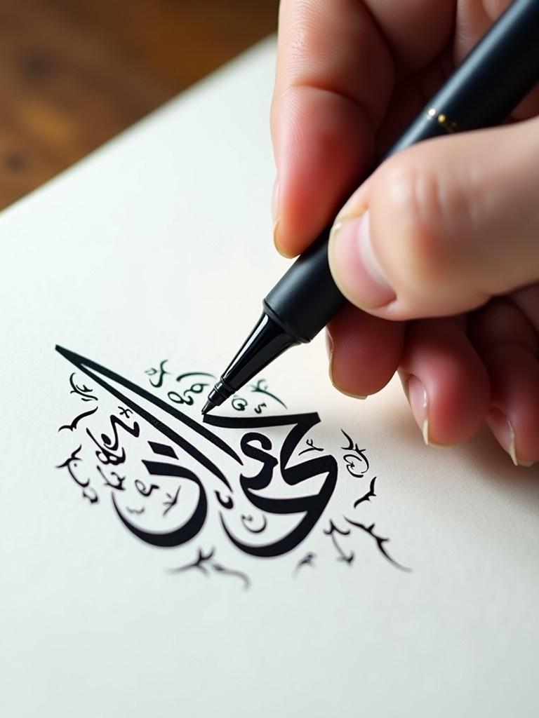 Close-up view of hand using pen to write Arabic calligraphy. Bold black ink on white paper. Hand is steady and focused on letters. Designs surround the main calligraphy. Soft lighting enhances the strokes. The phrase أبوالذهبي is being written.