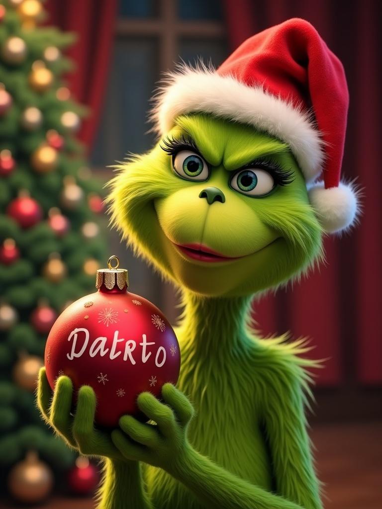 The Grinch holds a red Christmas ornament. The ornament has the name Dakota Skye Tynlee written on it. The Grinch wears a festive Santa hat. A Christmas tree is in the background.