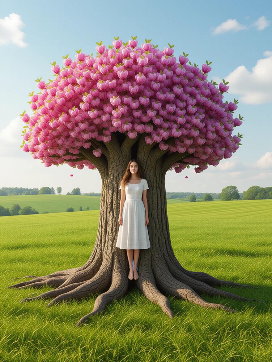 A woman stands elegantly within the trunk of a tree. The tree is adorned with bright pink blossoms. A sunny meadow covers the ground around the tree. The woman wears a white dress. The scene captures a sense of harmony between nature and humanity.