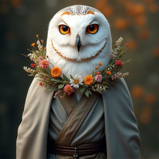 Character design of a white owl wearing a traditional gray robe. Owl has a wildflower wreath. Sharp intelligent eyes enhance realism. Soft warm lighting creates atmosphere. Detailed textures depict soft feathers. Cinematic composition includes dramatic shadows and perfect vertical split. Stylized full body portrait in hyper-realistic style with bold color accents and soft cel shading.