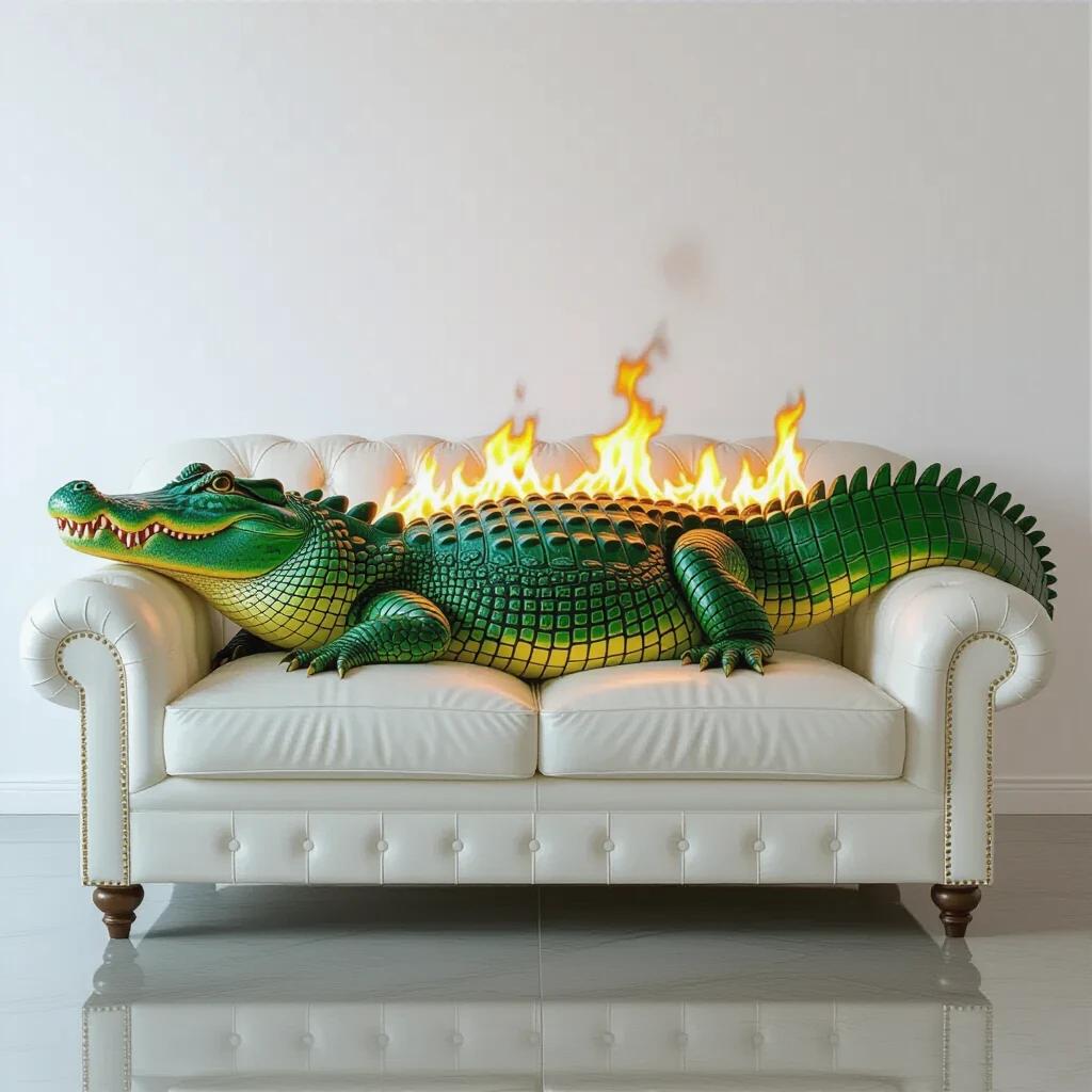 A large crocodile lies sprawled across a flaming white leather couch. The crocodile is detailed, showing green scales and sharp claws. The couch burns with orange and yellow flames. Smoke and glow reflect off the crocodile's scales. The background is plain white, creating a dramatic contrast. The composition is centered and well-lit, in a surreal yet grounded illustration style.