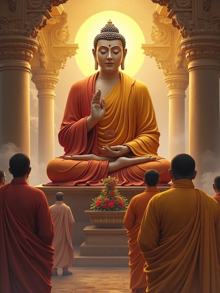 Buddha statue in a tranquil temple. Monks gather in meditation. Golden light surrounds the statue. Decor features flowers and ancient architecture. The scene depicts reverence and spirituality.