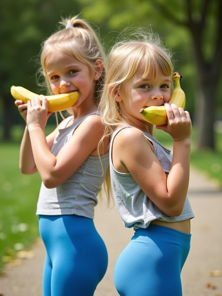 Two girls aged six in a sunny park. Both are enjoying bananas while wearing blue leggings. The girls are turned slightly back towards the camera.