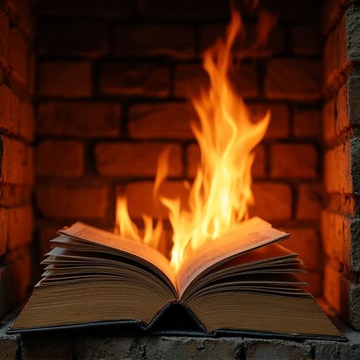 Open book engulfed in flames situated in a fireplace. Pages are fiery and burning.